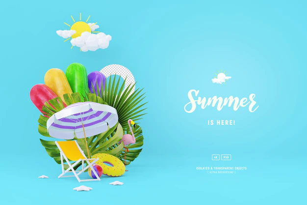 Free PSD | Summer background template composition with tropical leaves and beach objects 3d illustration