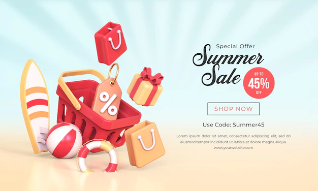 Free PSD | Summer sale banner template with 3d summer element composition