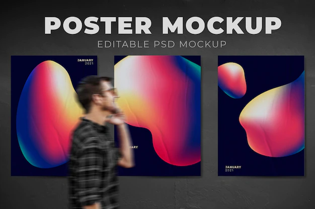 Free PSD | Swiss design poster mockups on a gray wall