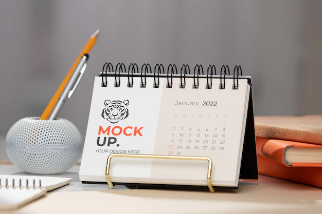 Free PSD | Table display with calendar mockup in real life