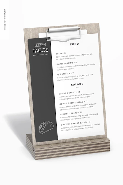 Free PSD | Table menu stand with clip mockup, left view