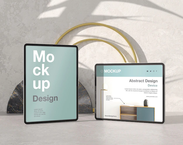 Free PSD | Tablet mock-up composition with stone and metallic elements