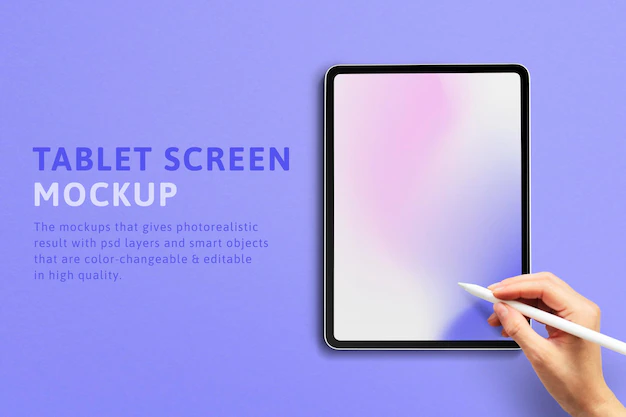 Free PSD | Tablet screen  with hand holding stylus ad