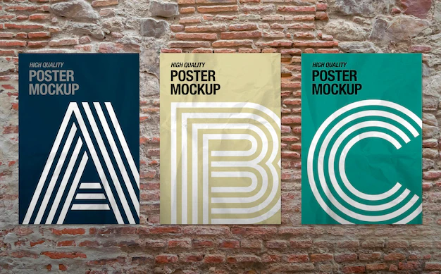 Free PSD | Three posters in a brick wall mockup