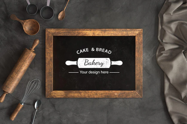 Free PSD | Top view bakery utensils with chalkboard mock-up