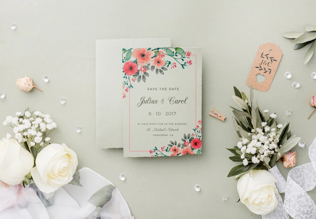 Free PSD | Top view composition of wedding elements with invitation mock-up