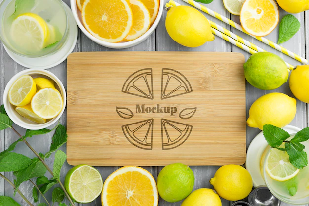 Free PSD | Top view lemons and mock-up cutting board