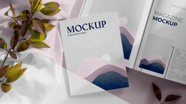 Free PSD | Top view magazine and leaves mockup