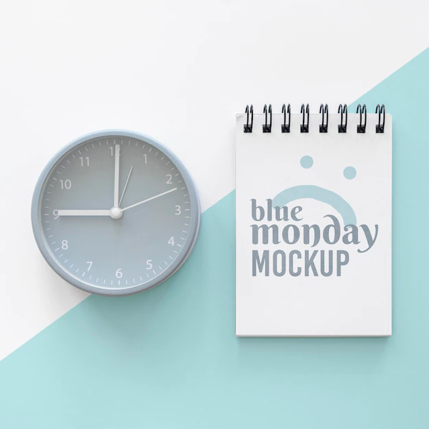 Free PSD | Top view of blue monday notebook with clock