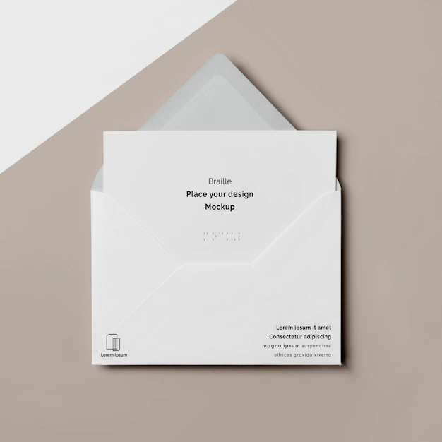 Free PSD | Top view of business card with braille in envelope
