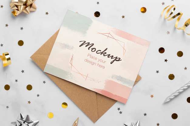 Free PSD | Top view of elegant birthday card with ribbon and confetti