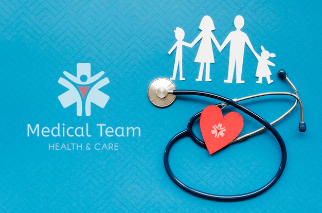 Free PSD | Top view of paper family with stethoscope