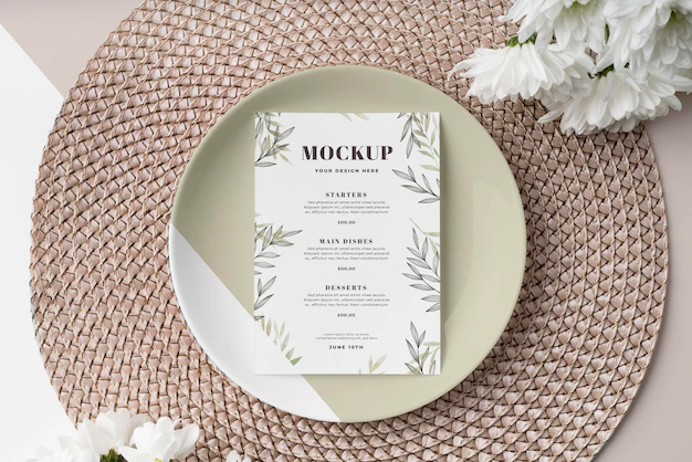 Free PSD | Top view of table arrangement with plate and spring menu mock-up