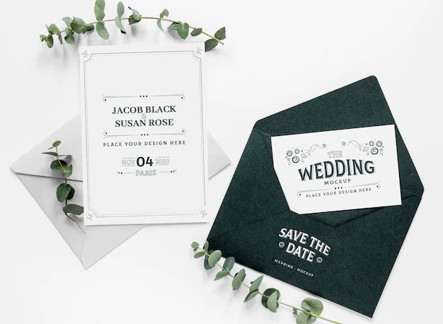 Free PSD | Top view of wedding cards with envelope and plants
