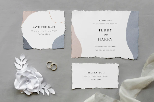 Free PSD | Top view of wedding cards with paper rose and fabric
