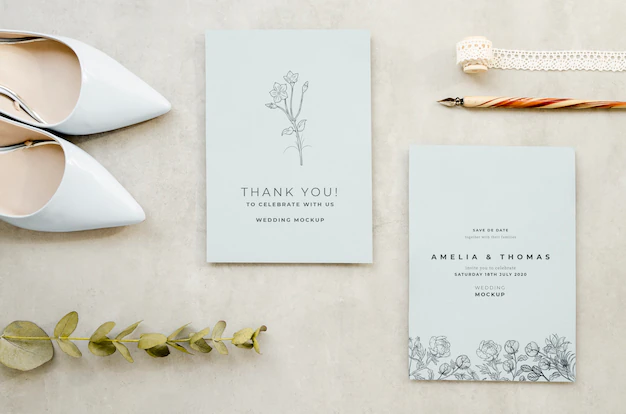 Free PSD | Top view of wedding cards with pen and shoes