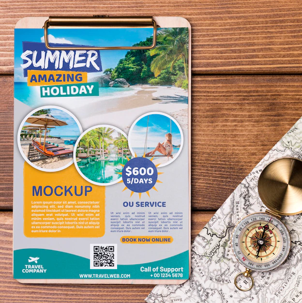 Free PSD | Top view travel mock-up with clipboard ad