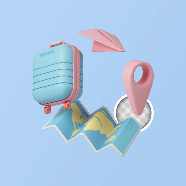 Free PSD | Travel accessories with luggage 3d illustration
