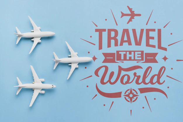 Free PSD | Travel the world, inspirational lettering quote with airplane toys