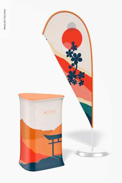 Free PSD | Triangle fabric display counter with feather flag mockup