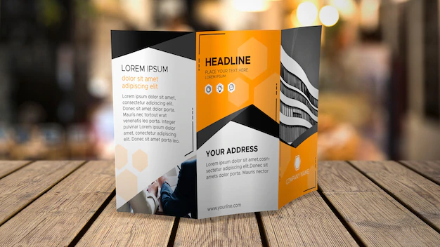 Free PSD | Trifold brochure mockup on tabletop