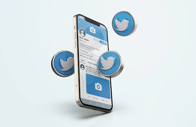Free PSD | Twitter on silver mobile phone mockup with 3d icons