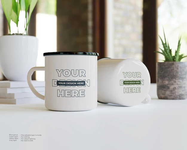 Free PSD | Two mugs mockup on the table and bottom of mug