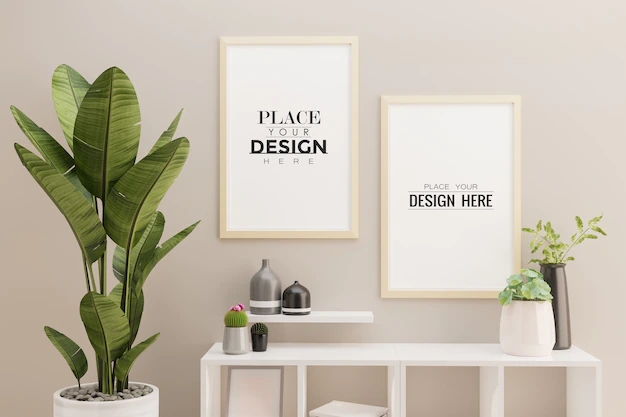 Free PSD | Two poster frame mockup in living room interior