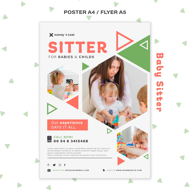 Free PSD | Vertical poster for female baby-sitter with children
