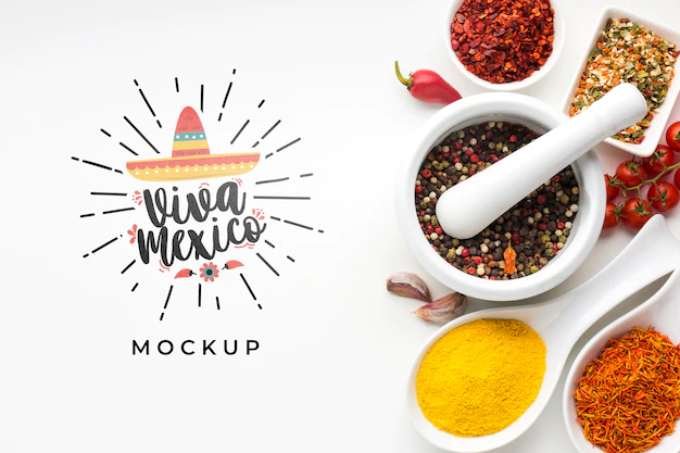 Free PSD | Viva mexico mock-up and assortment of spices