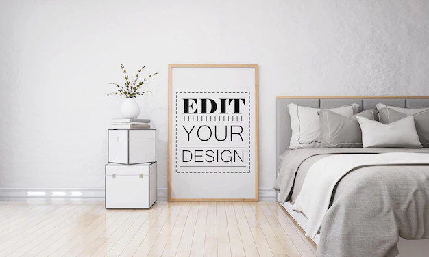 Free PSD | Wall art or picture frame in bedroom mockup