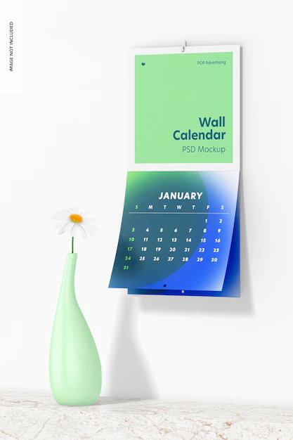 Free PSD | Wall calendar with flower vase mockup