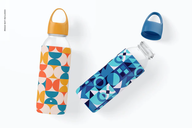 Free PSD | Water bottles with silicone sleeve mockup, top view