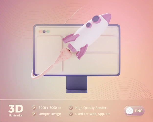 Free PSD | Web design a flying rocket with a computer 3d illustration