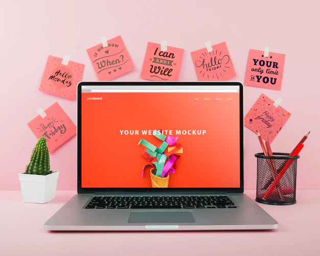 Free PSD | Website mockup with laptop on desk