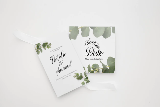 Free PSD | Wedding invitation card template set with green floral decoration