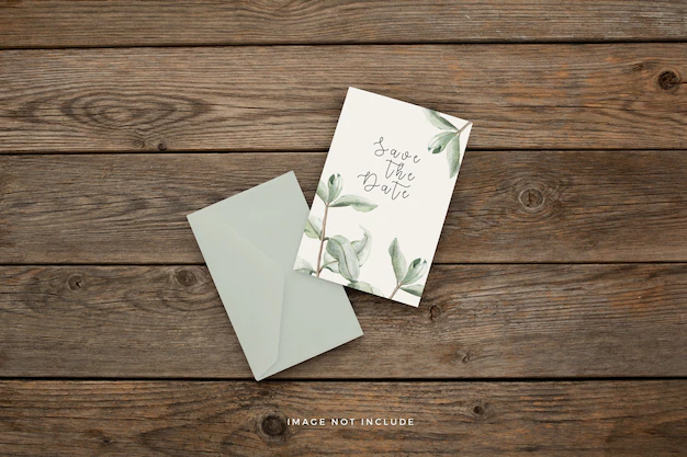 Free PSD | Wedding invitation template with beautiful leaves on a brown wooden background