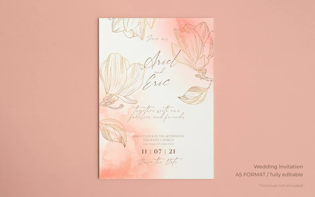 Free PSD | Wedding invitation template with golden magnolias