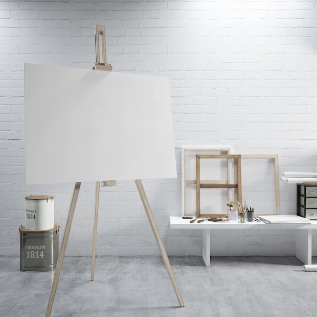 Free PSD | White canvas on a easel at the art room