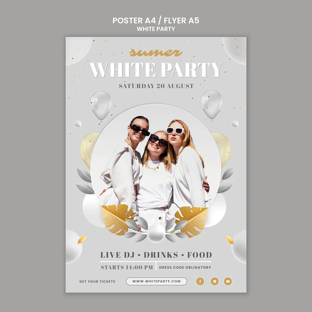 Free PSD | White party vertical poster template with balloons and leaves