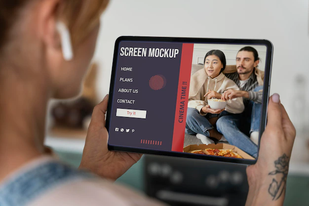 Free PSD | Woman watching series on a mock-up screen