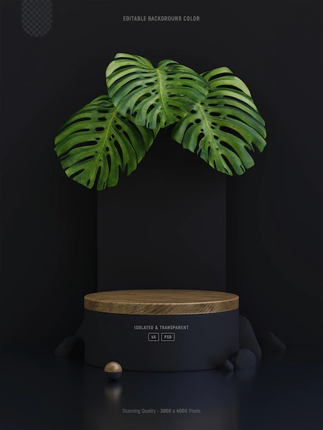 Free PSD | Wood podium mockup for product presentation decorated with monstera leaves 3d rendering