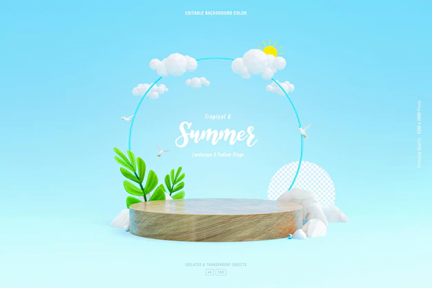 Free PSD | Wood podium stage display mockup for product presentation decorated with cute tropical leaves
