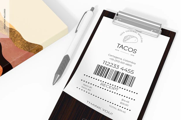 Free PSD | Wooden check presenter mockup, with pen