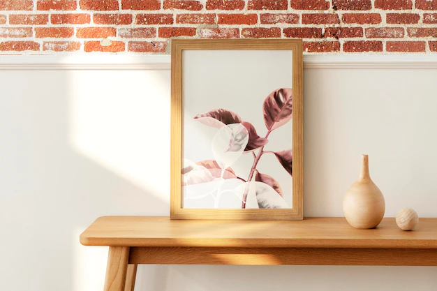 Free PSD | Wooden picture frame mockup on a wooden sideboard table