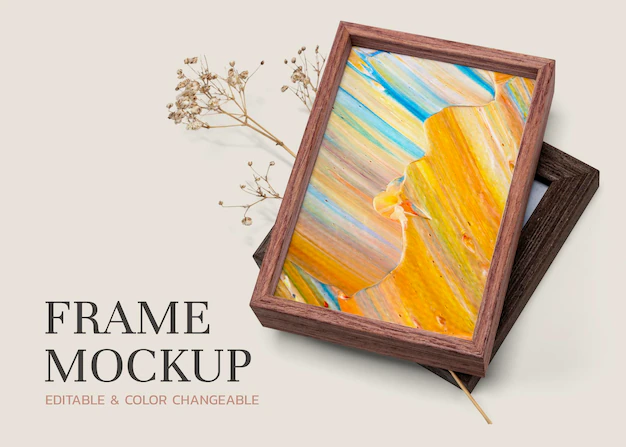 Free PSD | Wooden picture frame mockup psd with colorful painting