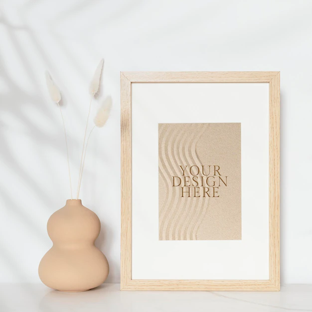 Free PSD | Wooden picture frame mockup psd with zen sand photo on the wall interior concept