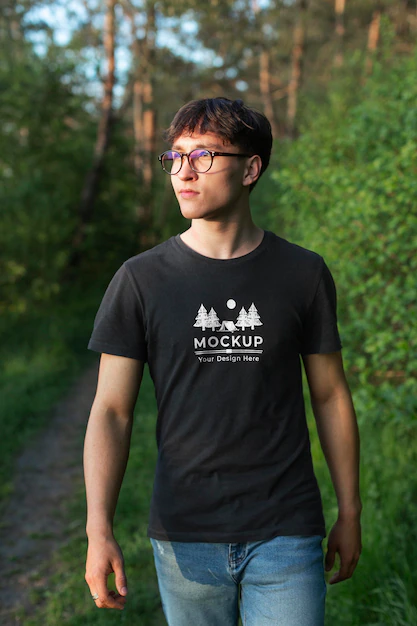 Free PSD | Young man wearing a mock-up t-shirt in the nature