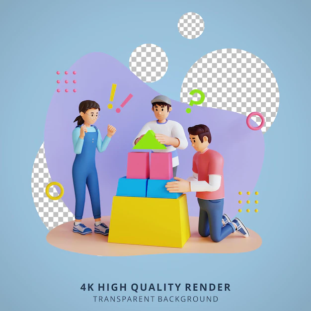 Free PSD | Young people playing stacking blocks 3d character illustration