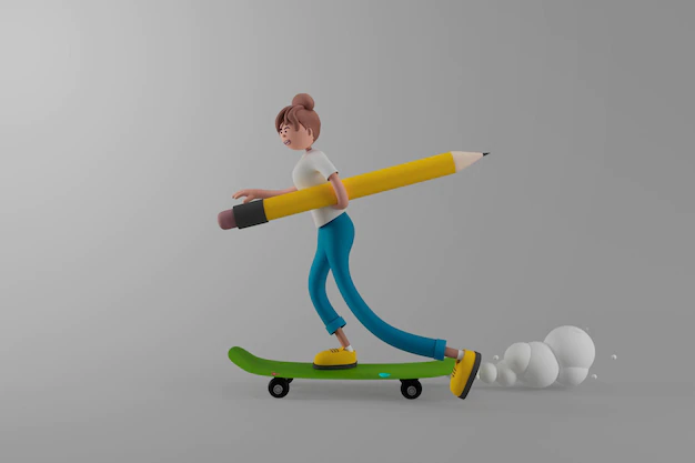 Free PSD | Young woman holding pencil on skateboard on isolated background education concept 3d illustration cartoon characters